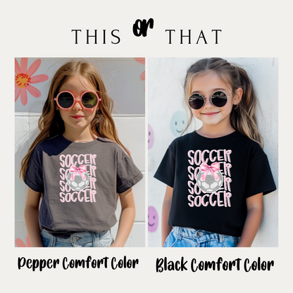 Soccer Shirt, Cute Soccer Bow Shirt, Game Day Shirt for Her, Soccer Team Tee, Soccer Player Gift, Pink Bow Soccer Tee, Soccer Sister T-shirt