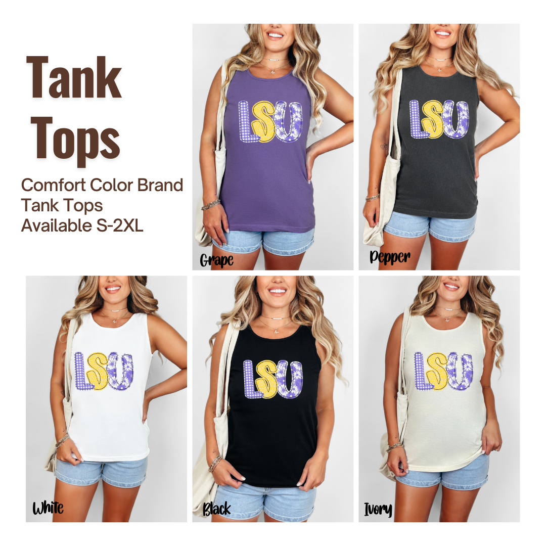 Collage of LSU tank tops in purple, black, and white 