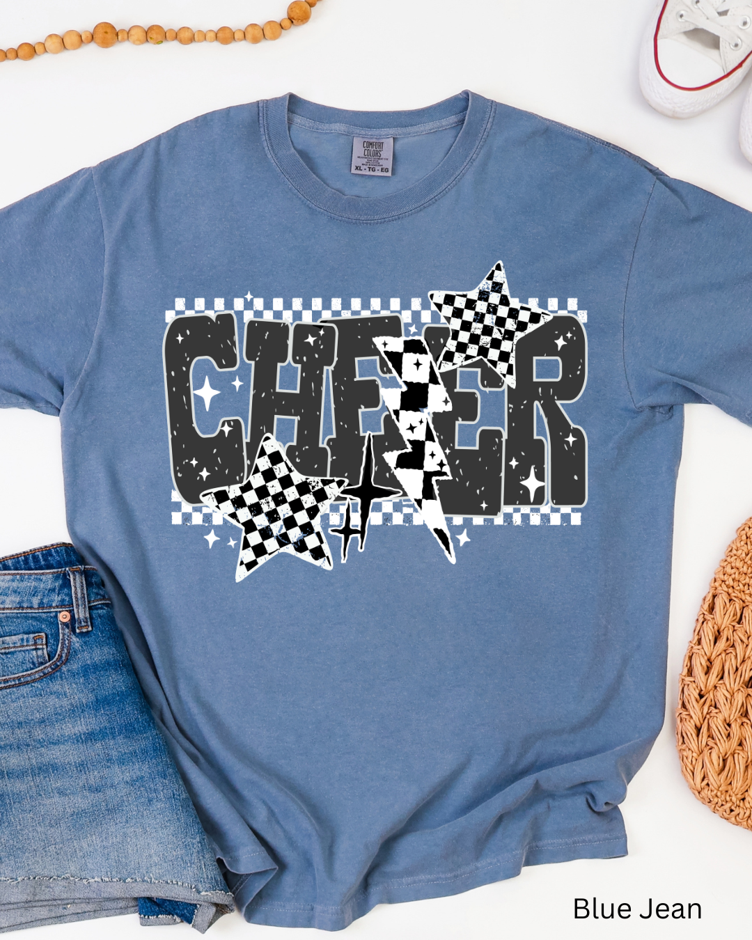 Blue t-shirt with 'CHEER' design on a white background