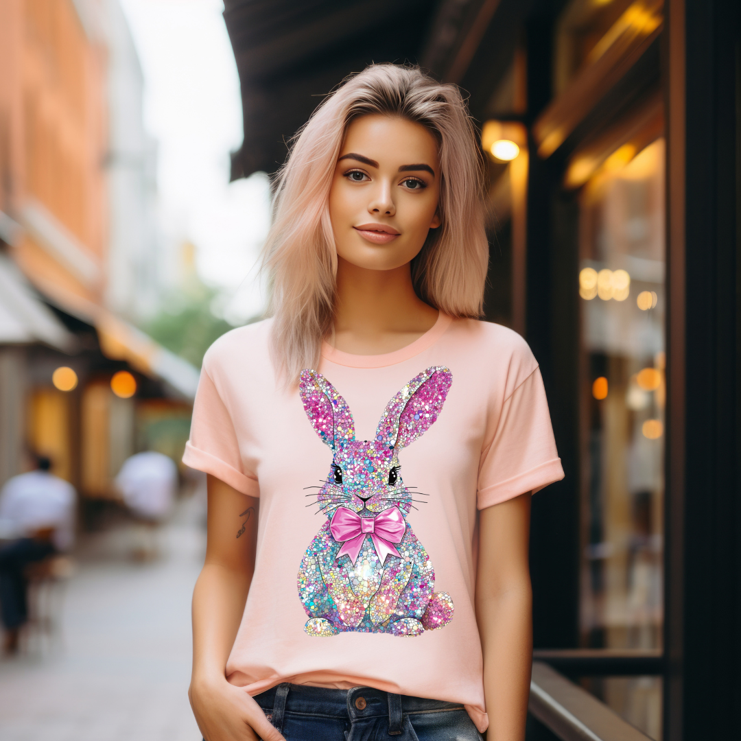 Woman wearing a pink t-shirt with a colorful bunny design on a city street.