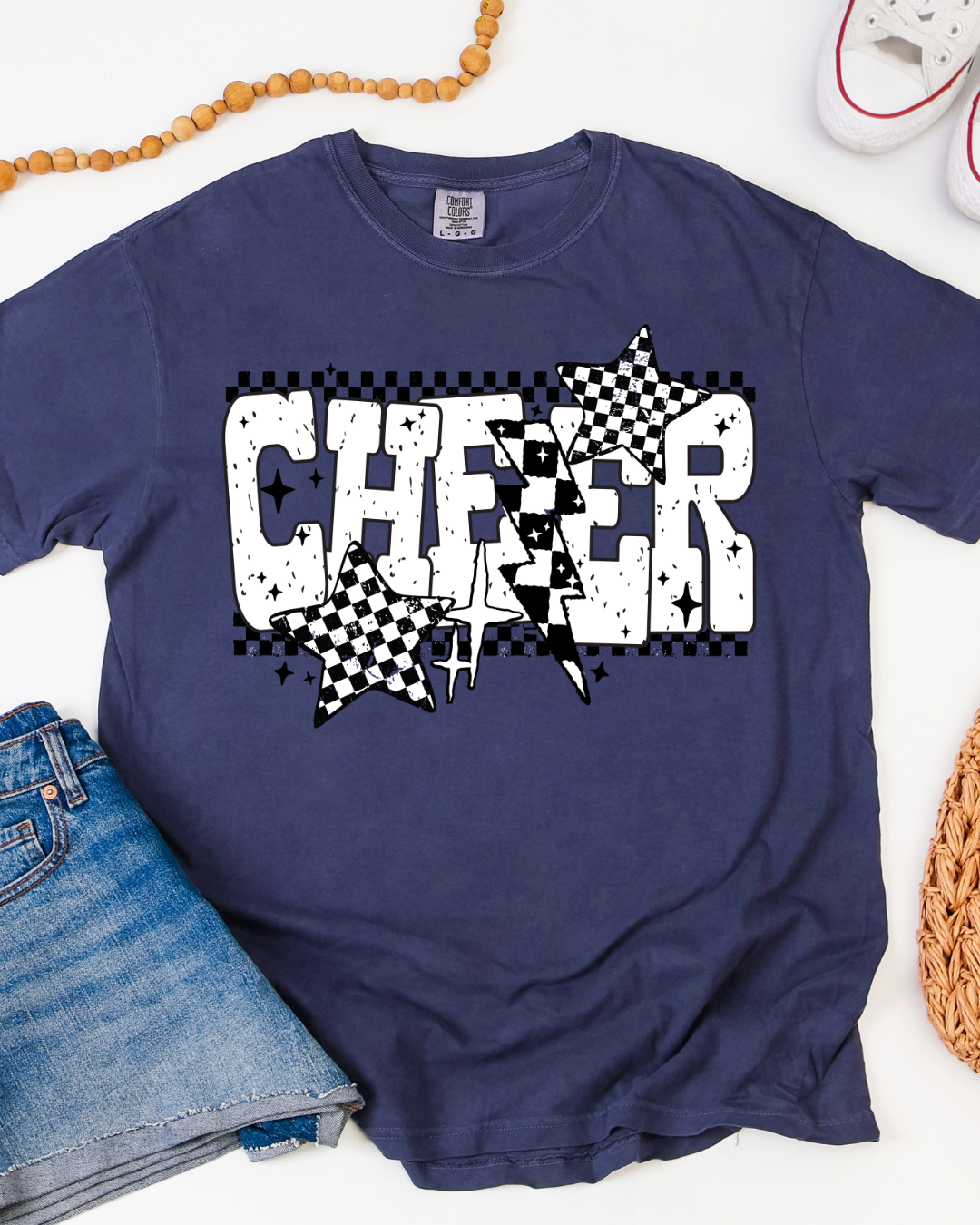 Navy blue t-shirt with 'CHEER' design on a white background