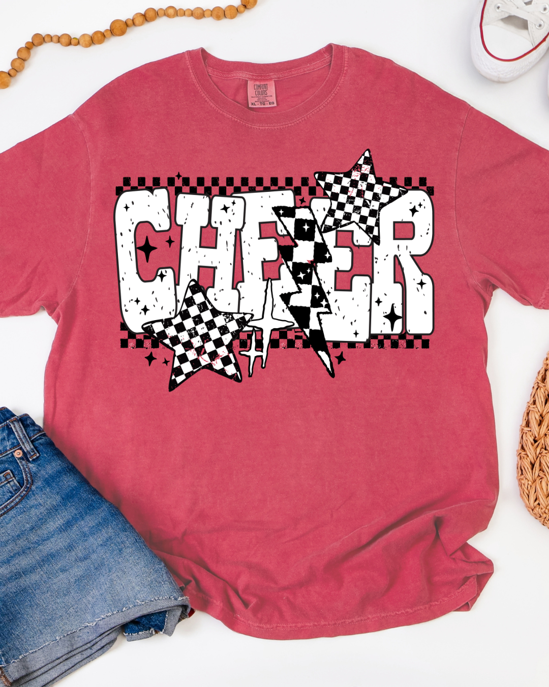 Red t-shirt with 'CHEER' graphic design on a white background