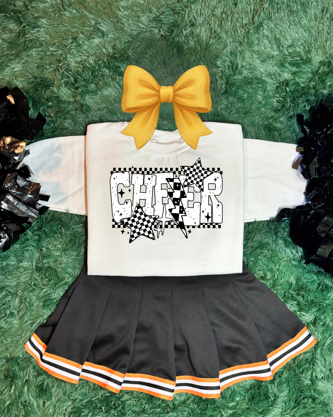 Cheerleading outfit with white and black CHEER design