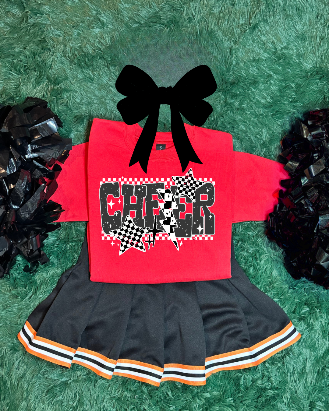 Red cheerleading outfit with Black and White Cheer Design