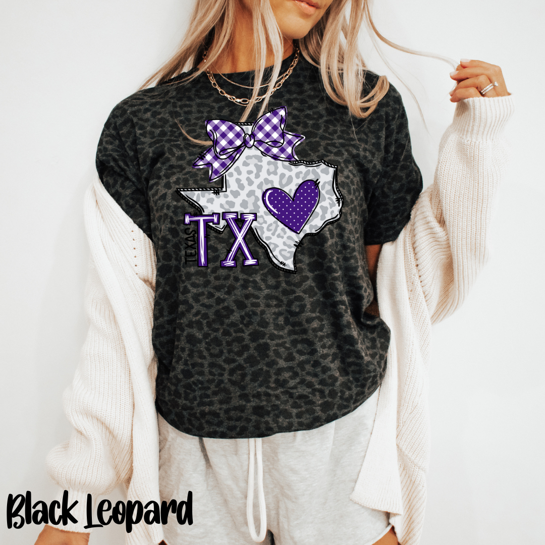 Texas Leopard Print Tee: Purple Bow, Frogs Fan Gear