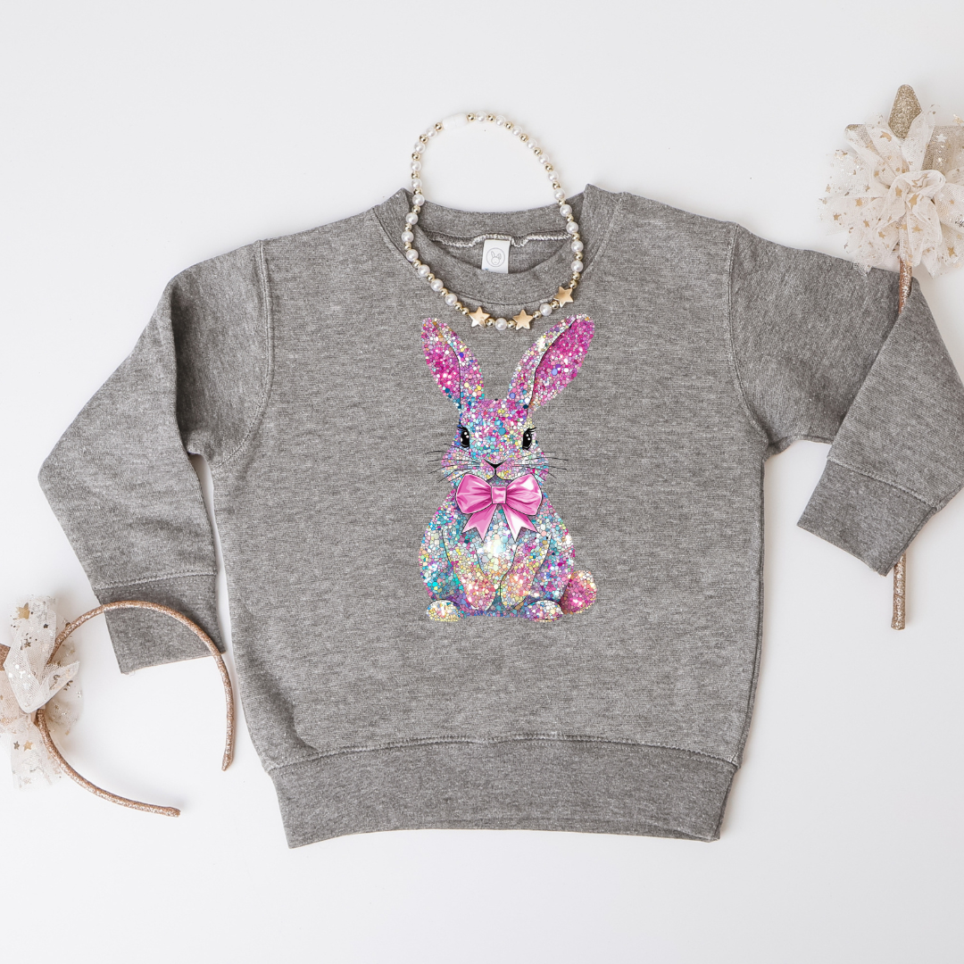 Gray sweatshirt with a colorful bunny design on a white background