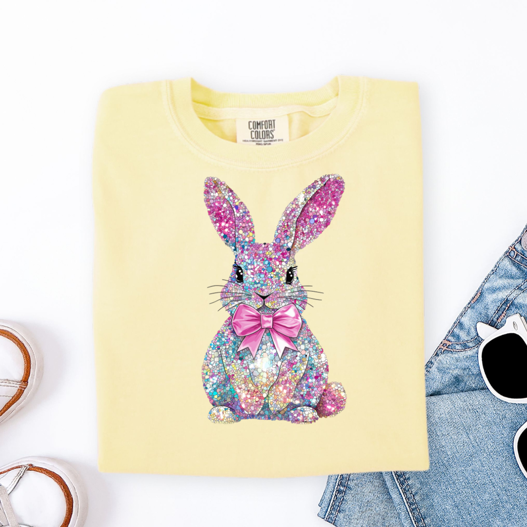 Yellow t-shirt with a Faux rhinestone bunny design 