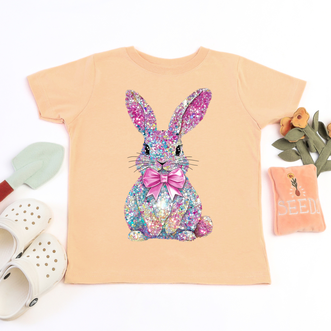 Peach t-shirt with a Faux rhinestone bunny design 
