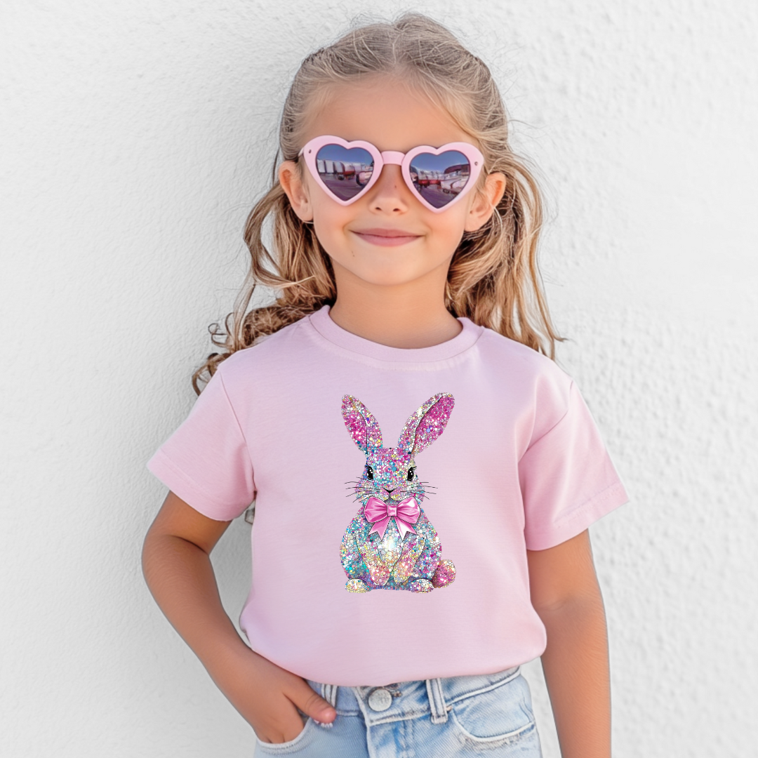 Child wearing a pink t-shirt with a colorful bunny design and heart-shaped sunglasses 