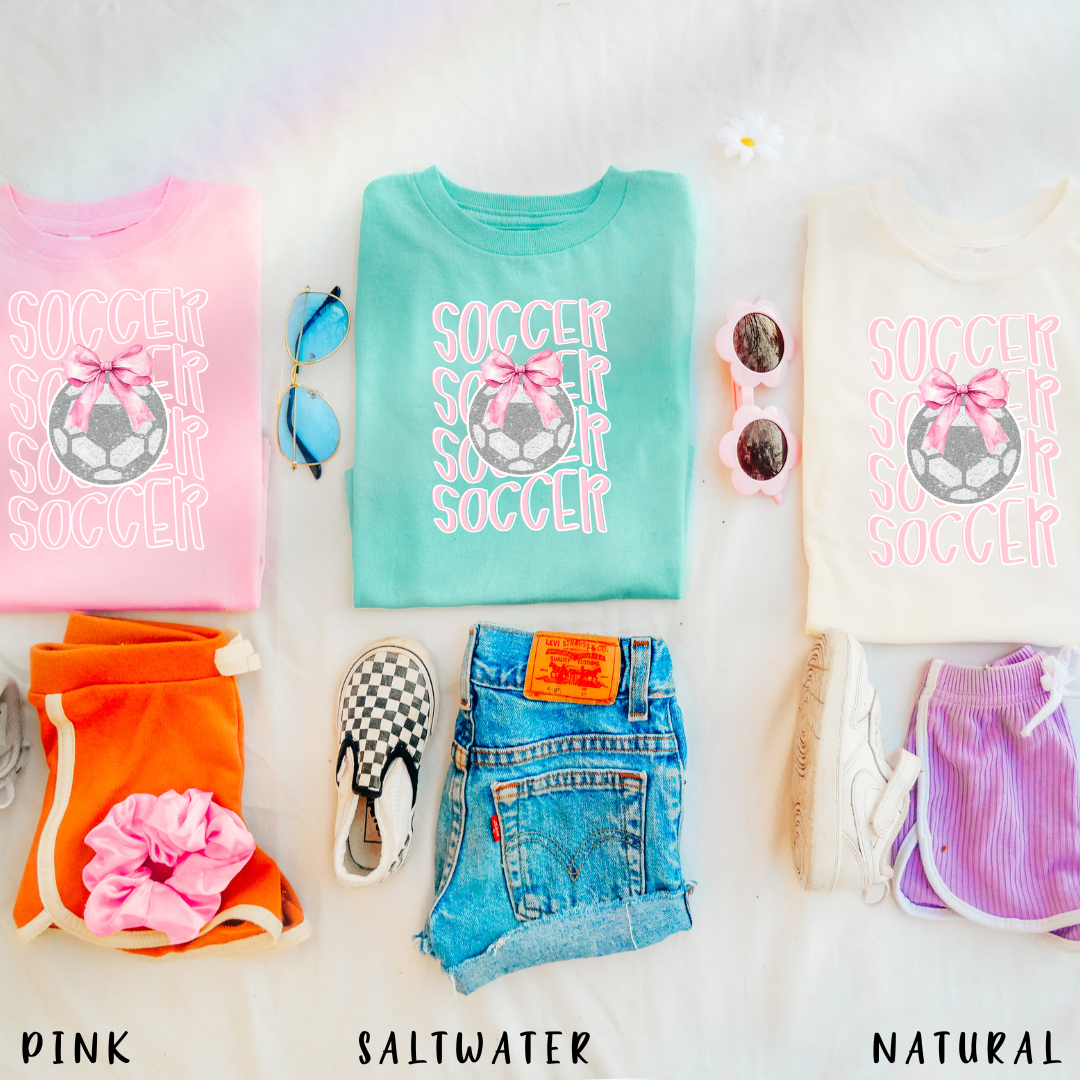 Soccer Shirt, Cute Soccer Bow Shirt, Game Day Shirt for Her, Soccer Team Tee, Soccer Player Gift, Pink Bow Soccer Tee, Soccer Sister T-shirt
