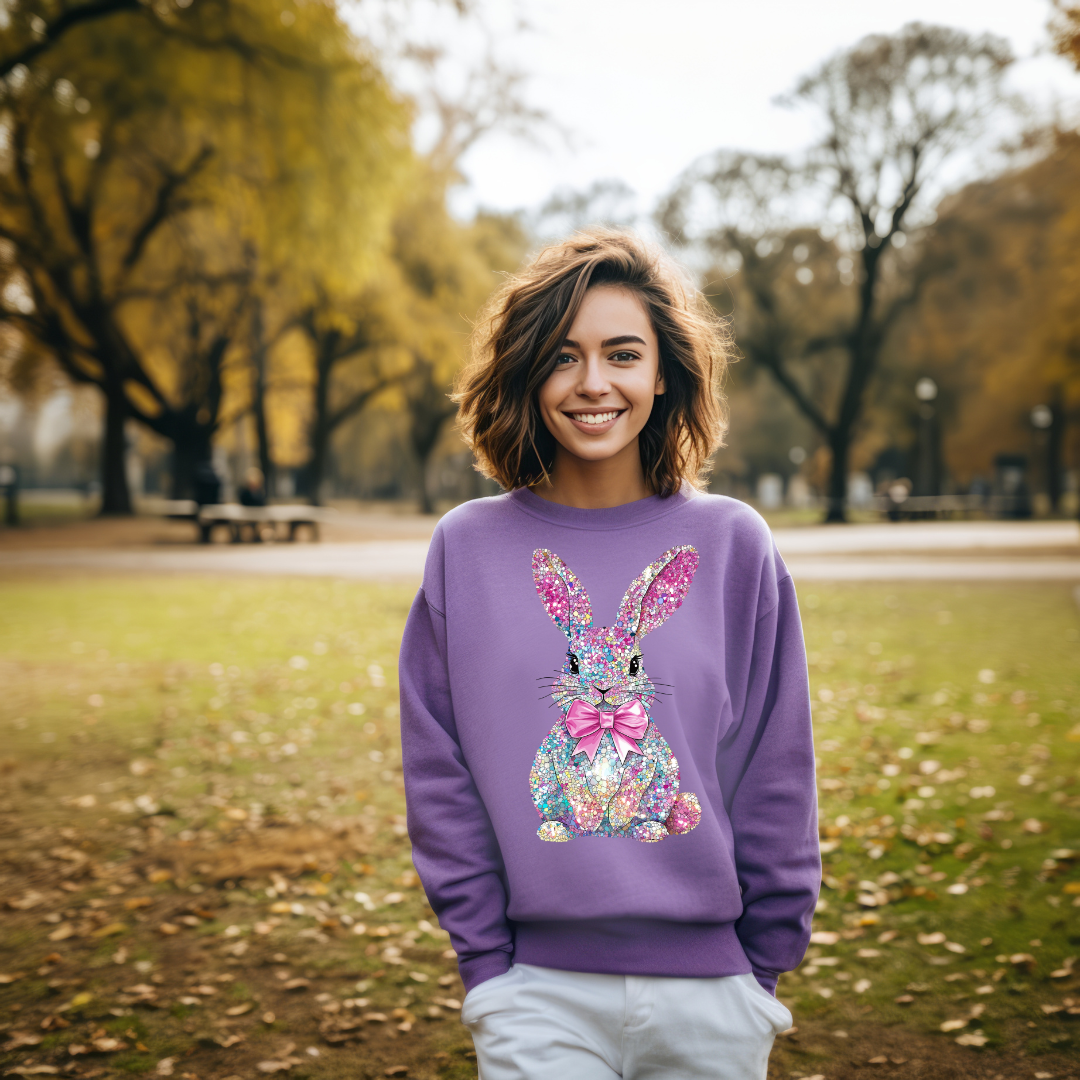 Person wearing a purple sweatshirt with a floral bunny design in a park.