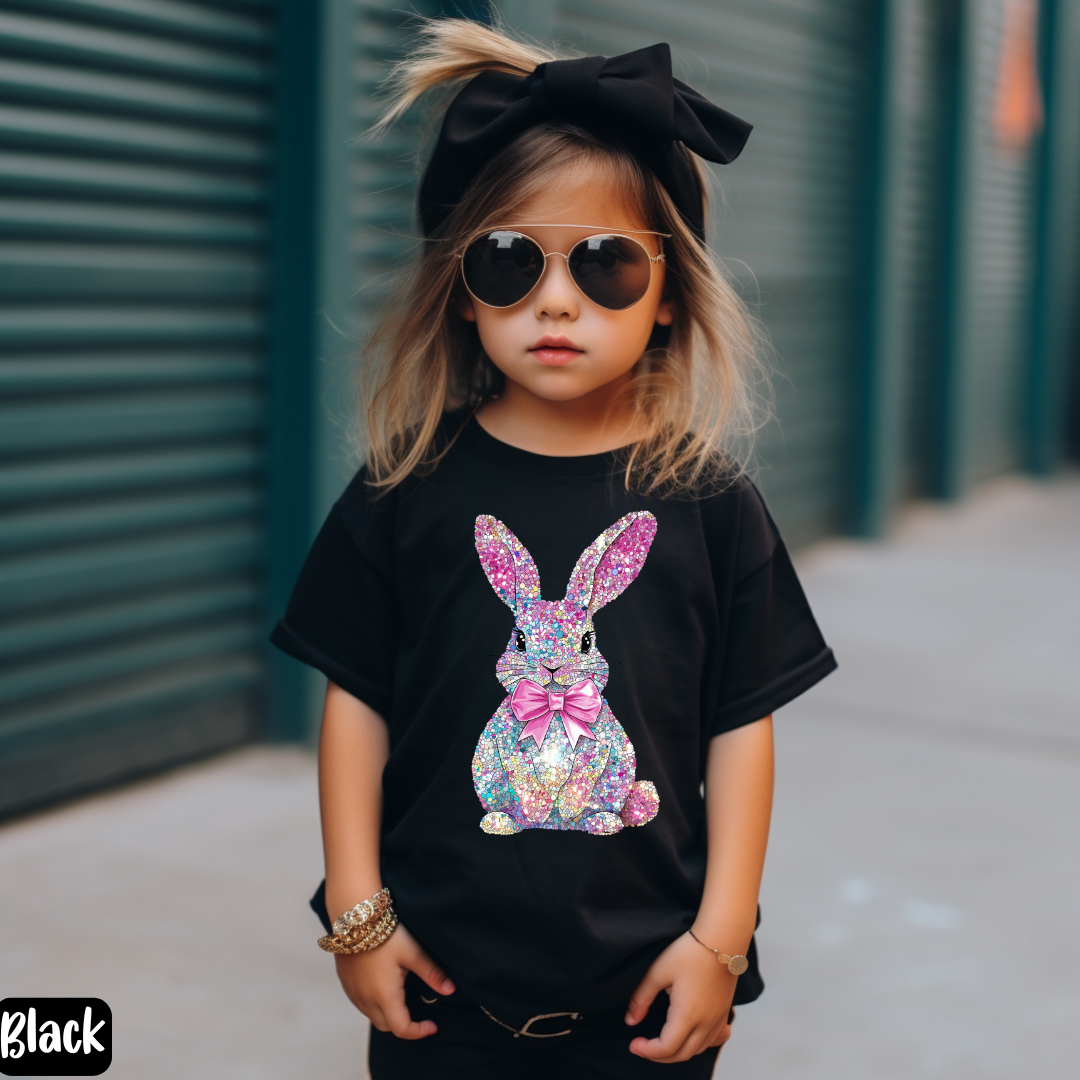 Child wearing a black t-shirt with a colorful rabbit design, sunglasses, and a black bow.