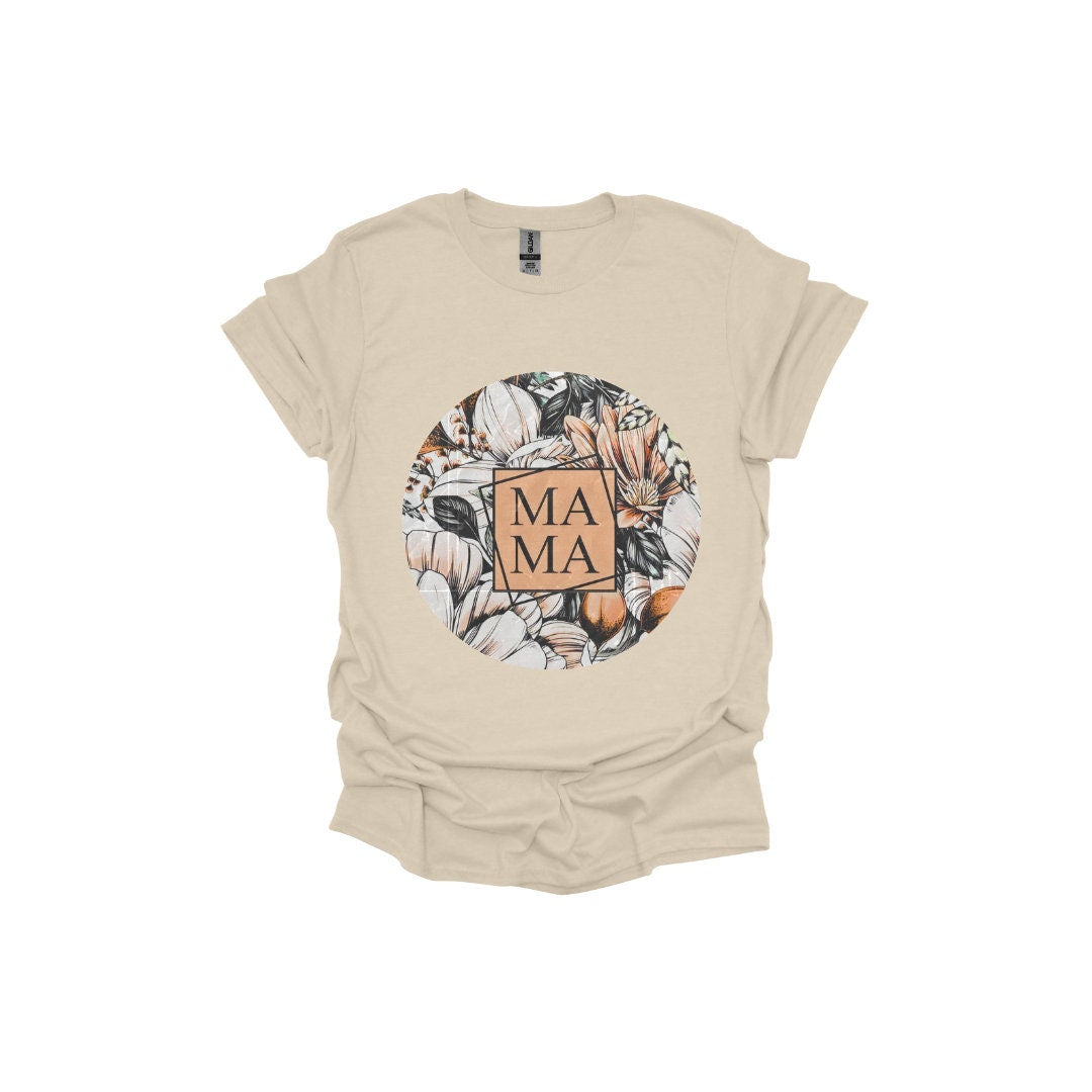 Floral Circle T-Shirt with MAMA Square | Natural & Muted Tones | Boho Mom Fashion, Mom shirt, Mothers day gift