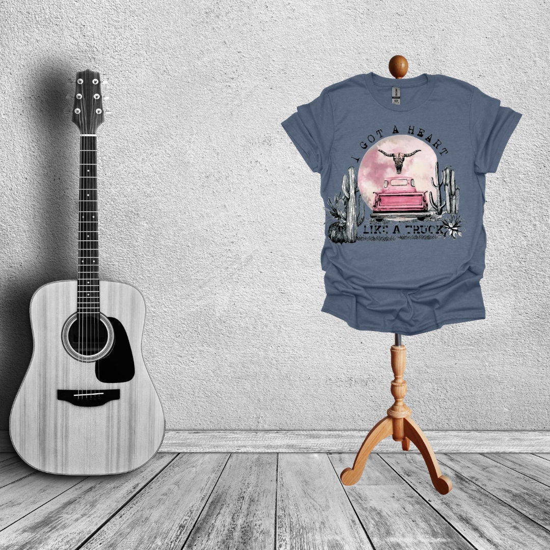 Moonlit Desert T-Shirt with Cow Skull and Pink Truck - Heart Like a Truck Message