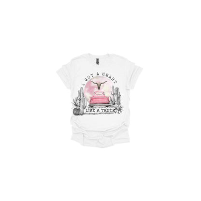 Moonlit Desert T-Shirt with Cow Skull and Pink Truck - Heart Like a Truck Message