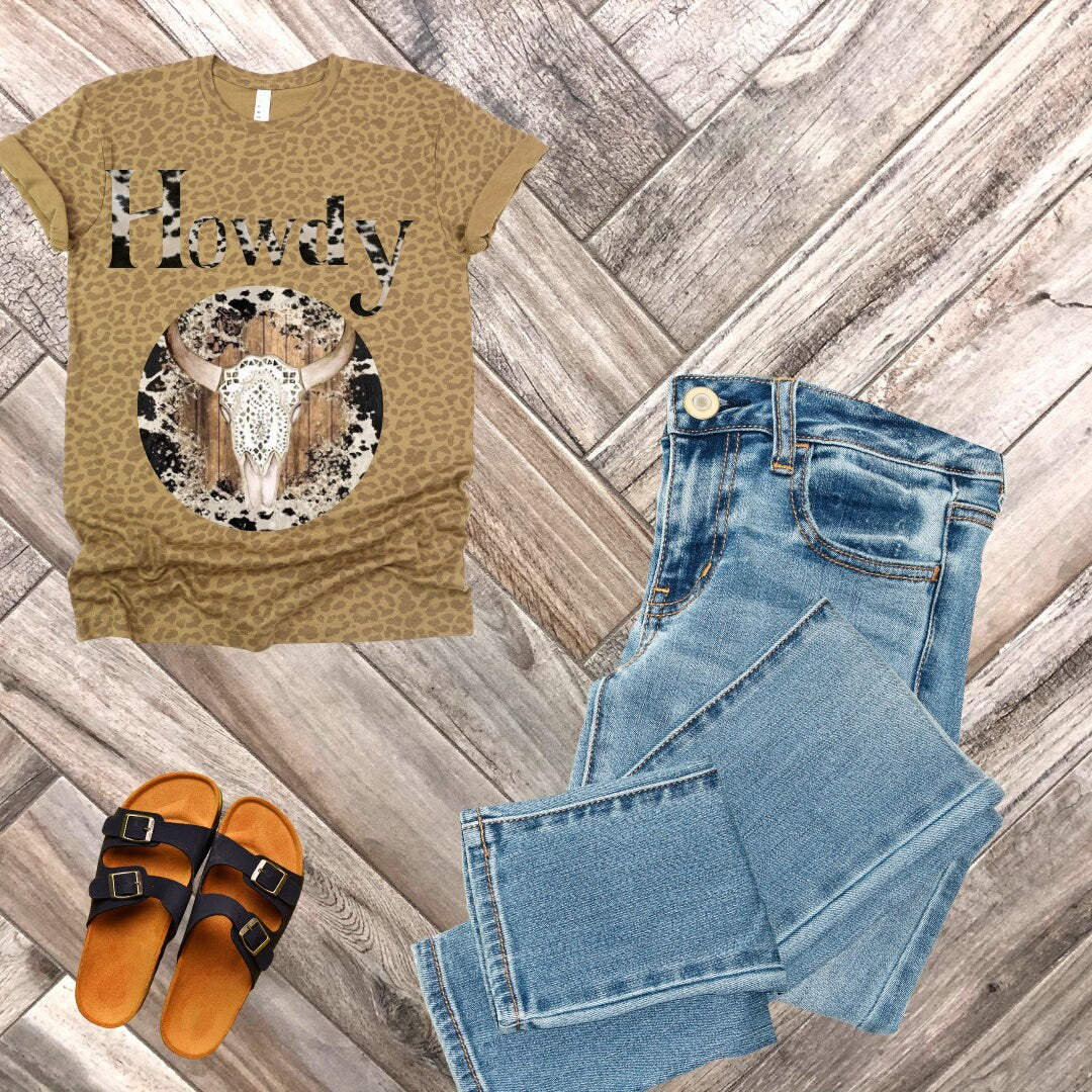 Cow Hide cow skull T-shirt, Howdy t shirt, Graphic tee, leopard t shirt, popular, cow t shirts for women, cow tshirt