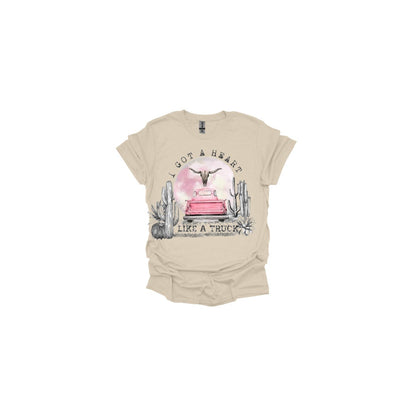 Moonlit Desert T-Shirt with Cow Skull and Pink Truck - Heart Like a Truck Message