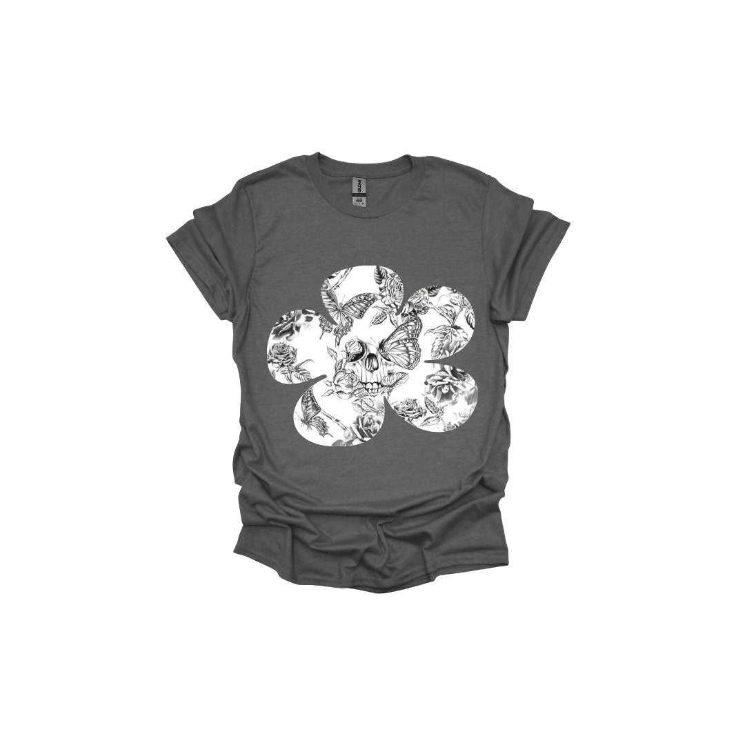 Gothic Floral Butterfly Skull Tshirt with Black and White Aesthetic - Handcrafted Design